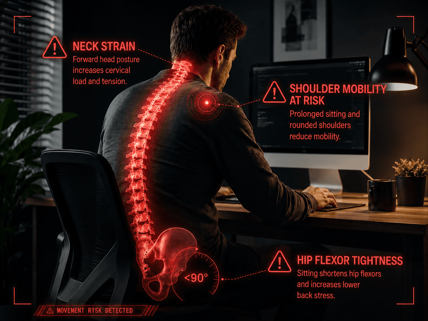 Desk posture scan showing posture, shoulder mobility, and hip flexor focus areas