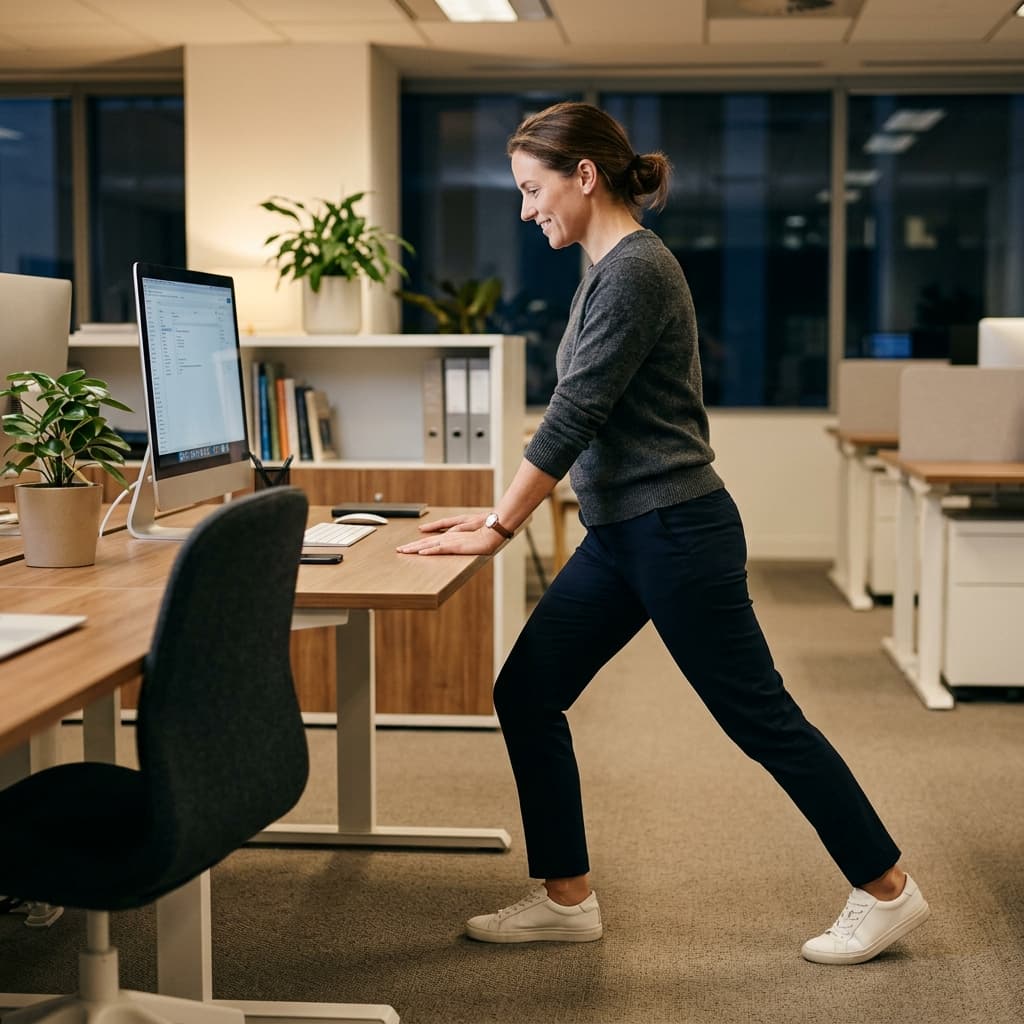 Office worker doing a standing hip flexor stretch at their desk